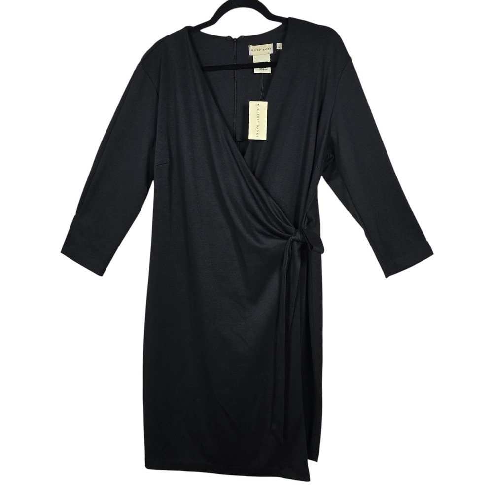 Jeffrey Banks Womens XL Black Faux Wrap V-Neck 3/4 Sleeve‎ Jersey Dress NEW